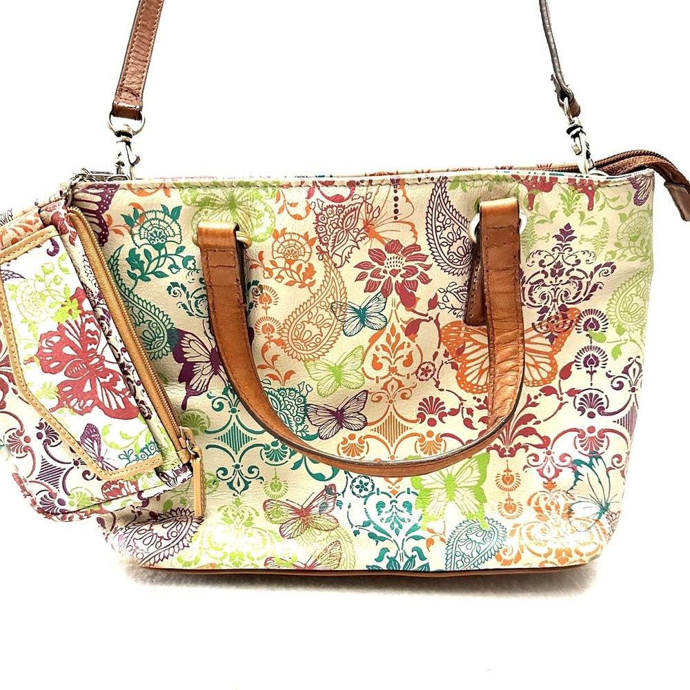 Fossil Butterfly Purse ID Wallet Satchel Bag Leather Strap Pockets